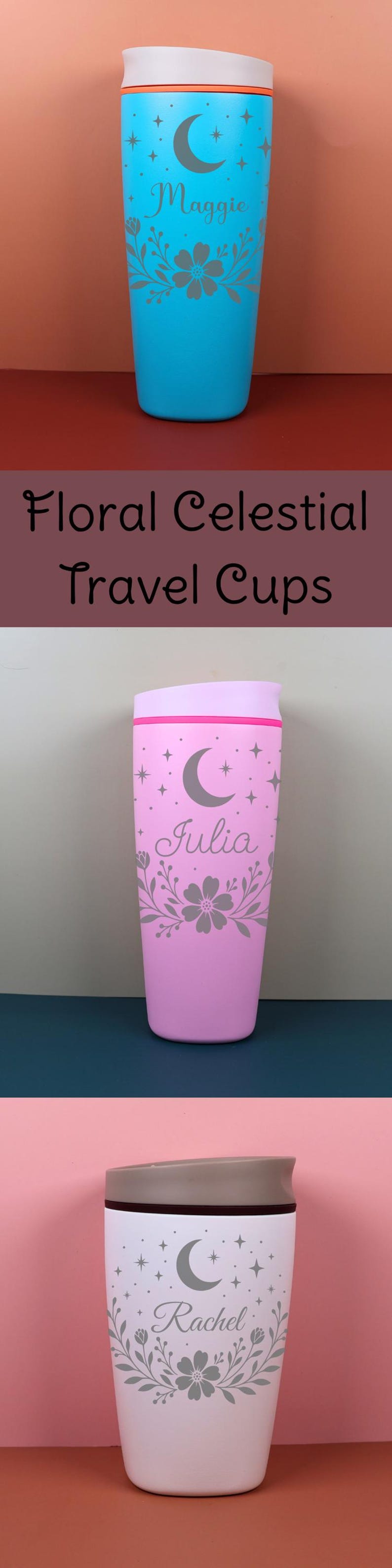 A dreamy custom name coffee cup with moon and star accents paired with delicate florals, creating a unique celestial-inspired drinkware piece that blends beauty and function.Styled product shot of a personalized SmoothSip tumbler with custom name text and floral celestial artwork, placed among cozy decor to highlight its warm, giftable appeal.