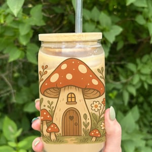 Cute Cottagecore Mushroom Glass Sipper Mushroom House Fairycore Whimsical Coffee Glass Cup With Lid and Straw Gift for Gardner Plant Lover