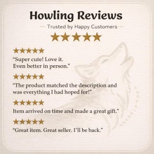 May include: A beige graphic with the text "Howling Reviews" and "Trusted by Happy Customers." The image features five gold stars, customer reviews, and a wolf silhouette. Reviews include phrases like "Super cute! Love it." and "Great item."