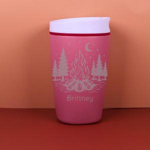 Engraved custom Owala SmoothSip travel coffee cup with a dreamy celestial camping design full of starry night charm. Personalized with a name, this cup is a lovely gift for her, whether she loves campfires, road trips, cozy mornings, hiking trails, or cottagecore outdoor style.