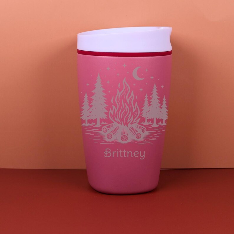 Engraved custom Owala SmoothSip travel coffee cup with a dreamy celestial camping design full of starry night charm. Personalized with a name, this cup is a lovely gift for her, whether she loves campfires, road trips, cozy mornings, hiking trails, or cottagecore outdoor style.