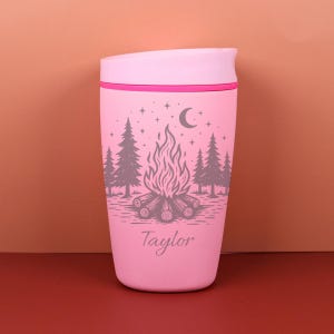 Whimsical camping gift featuring a personalized Owala SmoothSip cup engraved with celestial stars and outdoor-inspired details. This custom name travel bottle is perfect for women who love nature, camping, moonlit nights, cozy drinks, and beautiful personalized accessories.