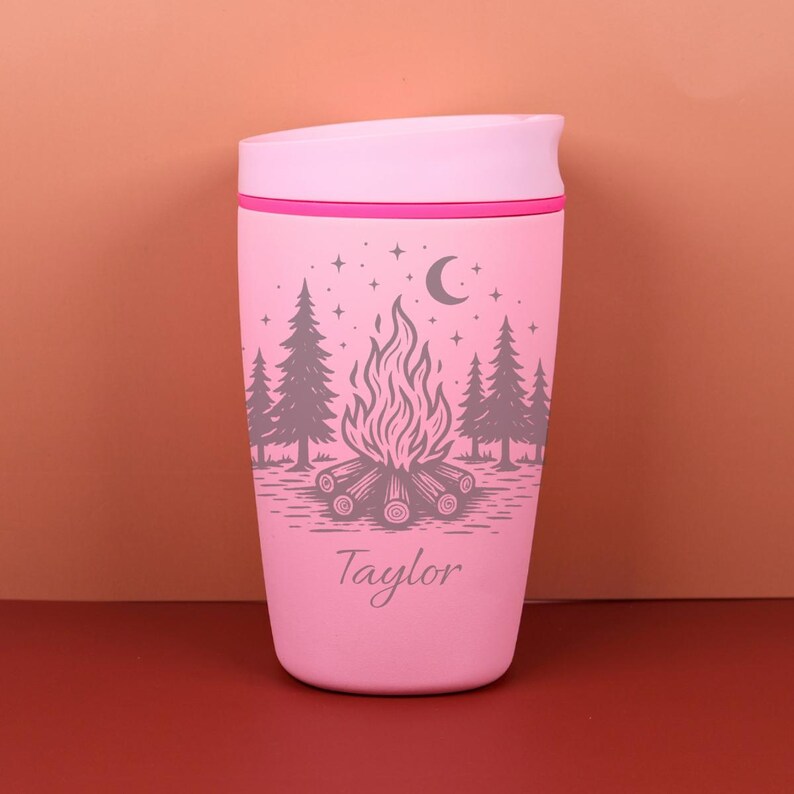 Whimsical camping gift featuring a personalized Owala SmoothSip cup engraved with celestial stars and outdoor-inspired details. This custom name travel bottle is perfect for women who love nature, camping, moonlit nights, cozy drinks, and beautiful personalized accessories.