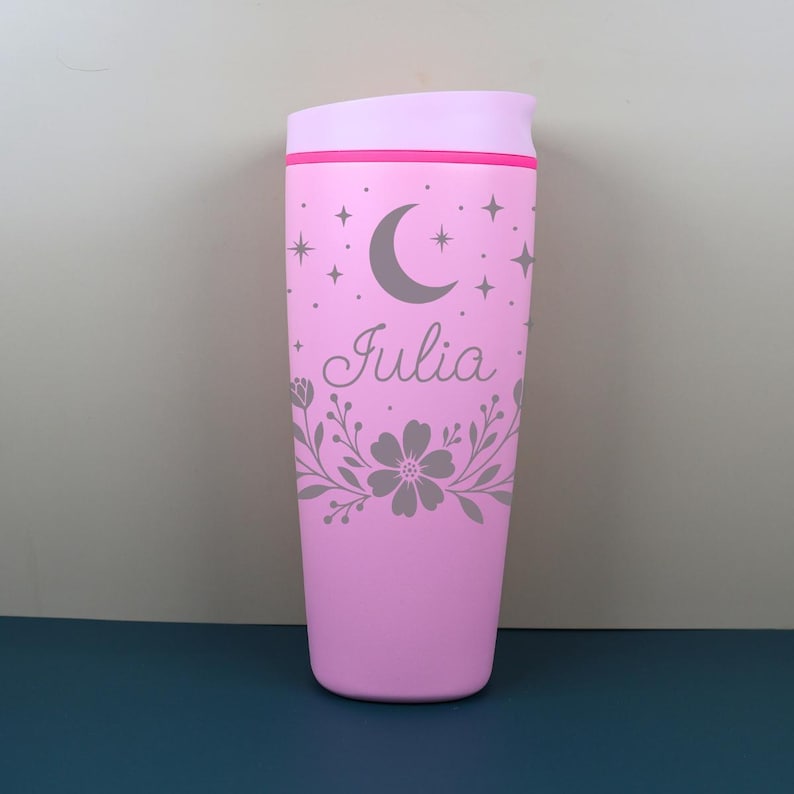 Close-up of a custom name Owala tumbler with a soft floral and celestial design, showcasing intricate linework of flowers, crescent moons, and stars, making it a unique and thoughtful gift for birthdays or bridesmaids.
