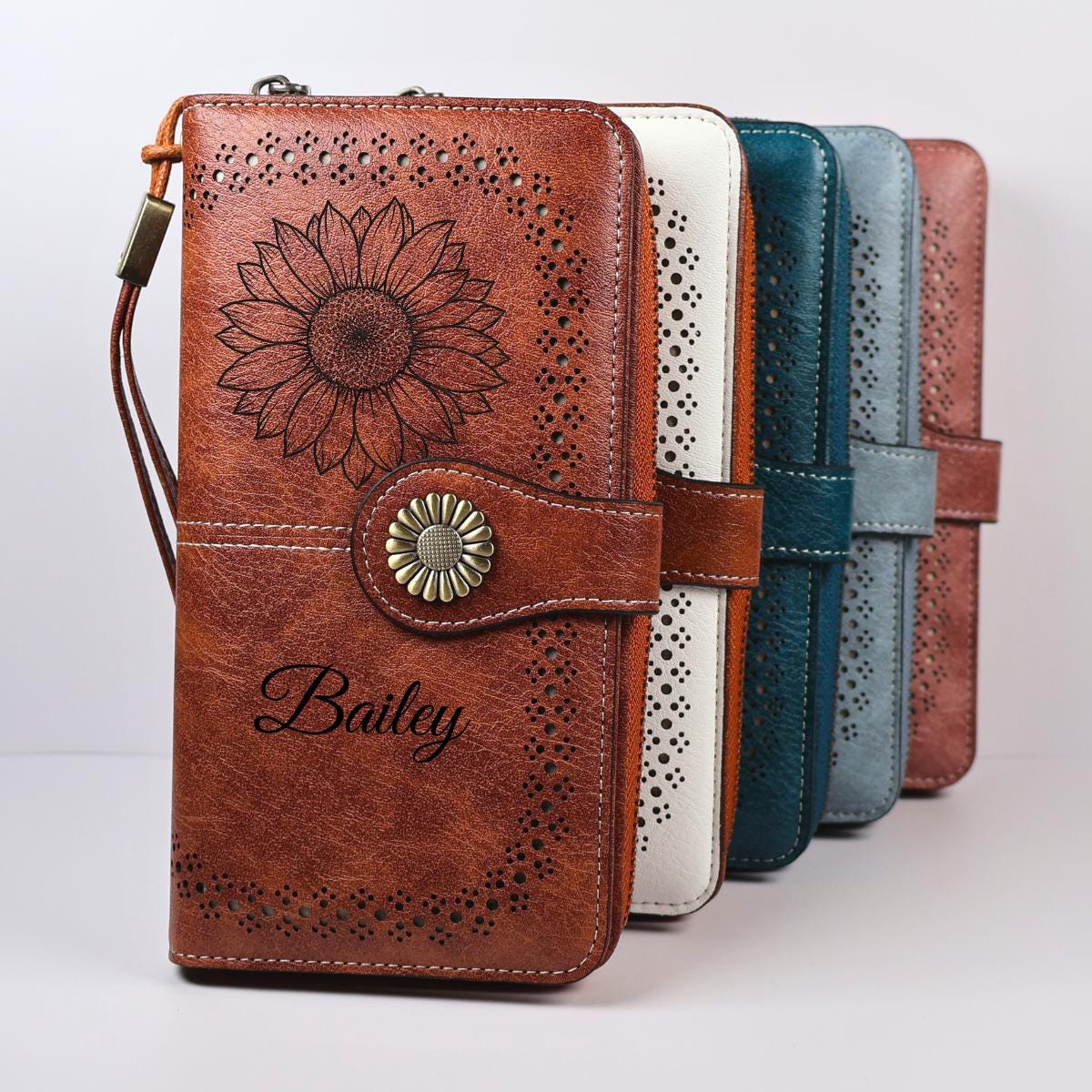 Leather Engraved Personalized Wristlet Wallet For Women Gift Idea Floral Custom Wristlet Clutch Wallet with Strap Name Engraved Christmas