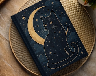 Celestial Cat Hard Cover Notebook Whimsigoth Black Cat Moon Diary for Witchy Friend Gift For Cat Lover Starry Night Sky Sketch Book Journal