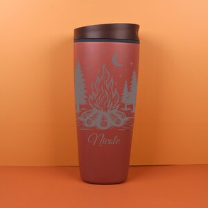 Personalized engraved Owala SmoothSip bottle decorated with a whimsical camping and celestial night sky theme. This custom travel coffee cup is great for sipping coffee, tea, or favorite drinks during morning commutes, camping weekends, cabin stays, or peaceful outdoor escapes.