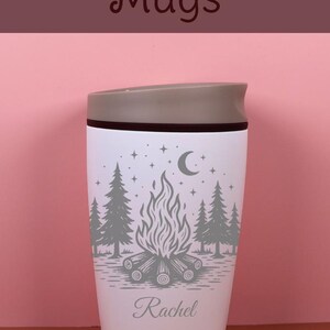 Starry celestial camping Owala SmoothSip cup with laser engraved custom name detail for a polished and lasting personalized finish. This travel coffee cup blends magical night sky style with practical everyday use, making it a meaningful gift for outdoor adventures.