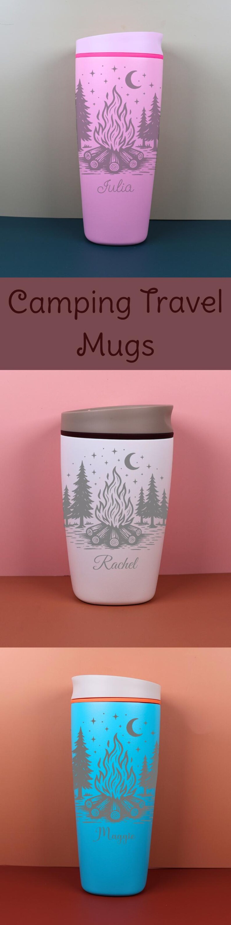 Starry celestial camping Owala SmoothSip cup with laser engraved custom name detail for a polished and lasting personalized finish. This travel coffee cup blends magical night sky style with practical everyday use, making it a meaningful gift for outdoor adventures.