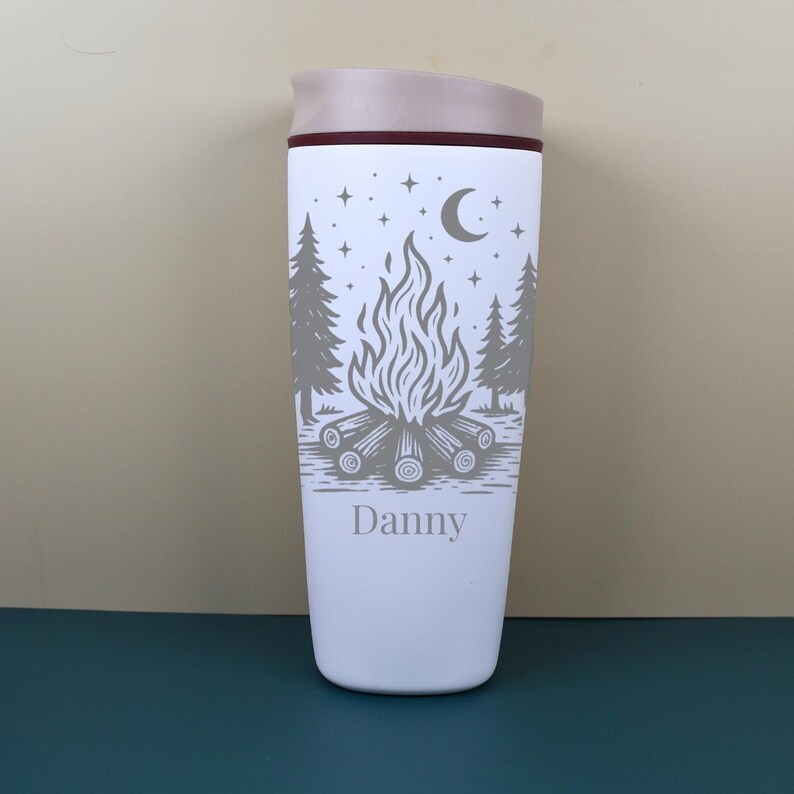 Starry night Owala SmoothSip cup engraved with a custom name and a magical celestial camping design. This personalized bottle brings together campfire coziness, outdoor adventure, and dreamy sky details, making it a memorable gift for her or a stylish everyday travel cup.