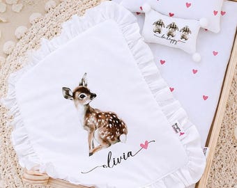 Handmade Doll Bedding Set – Fits IKEA Doll Bed & 18-Inch Dolls – Personalized Fawn Print – Natural Cotton and Muslin – Montessori-Inspired
