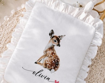 Handmade Doll Bedding Set – Fits IKEA Doll Bed & 18-Inch Dolls – Personalized Fawn Print – Natural Cotton and Muslin – Montessori-Inspired
