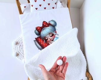 Handmade Doll Bed Set for 18-Inch Doll—Personalized Doll Bedding—Cute Sleeping Girl Design—Heart Print—Custom Name Birthday Gift for Girl!