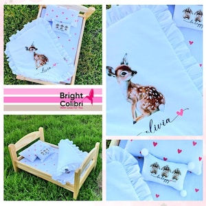 Handmade Doll Bedding Set—Fits IKEA Doll Bed & 18-Inch Dolls—Personalized Fawn Print—Natural Cotton and Muslin—Gift for Little Princesses!