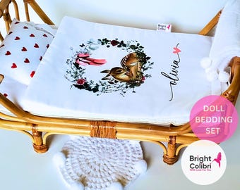 Personalized Doll Bedding—18 Inch Doll Quilt Set—Custom Name Gift for Girls—Handmade Baby Doll Blanket and Pillow—Fawn Print Toy Bedding Set