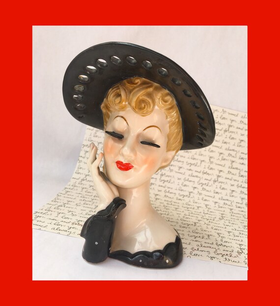 Lady Head Planter Napco Head Vase Lady Head Vase Black Hat Etsy