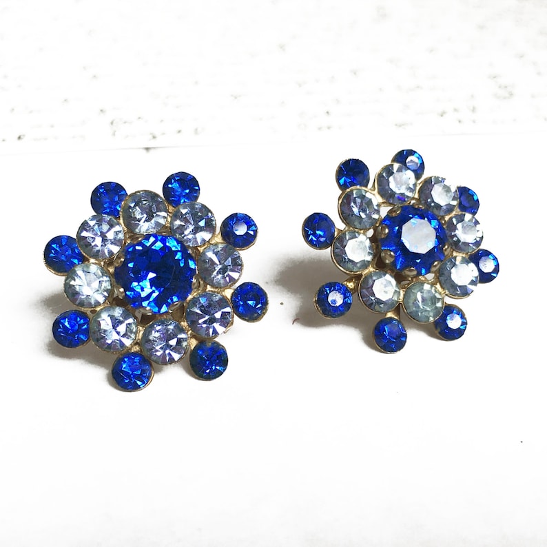 Something Blue Wedding 1950s Jewelry Vintage Blue Rhinestone Earrings Blue Screw Back Earrings Something Blue Jewelry Fancy Earrings