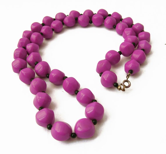 Dark Pink Purple Vintage Necklace, Lavender Beade… - image 1