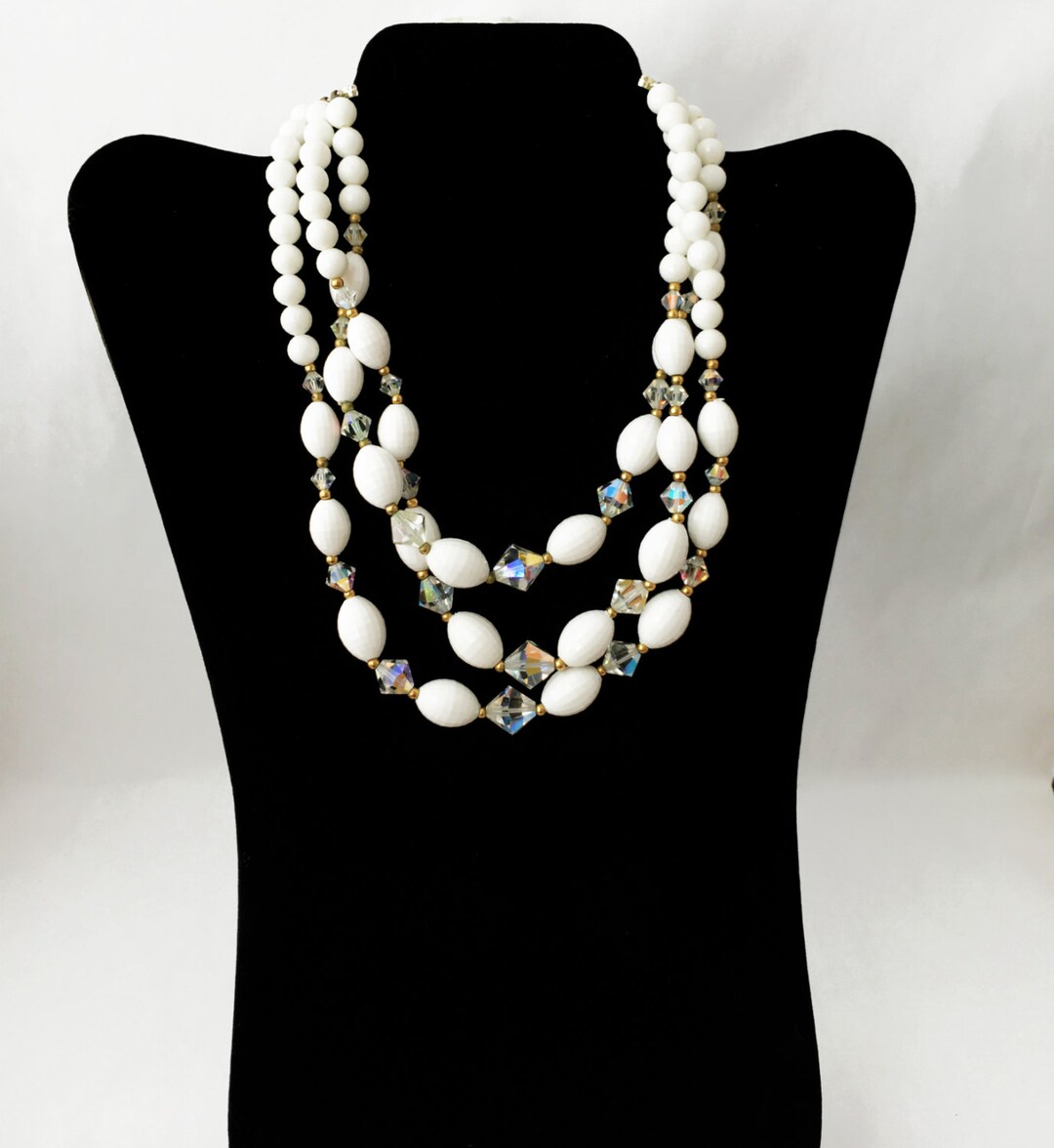 White Bead Necklace Aurora Borealis Necklace White Necklace Etsy