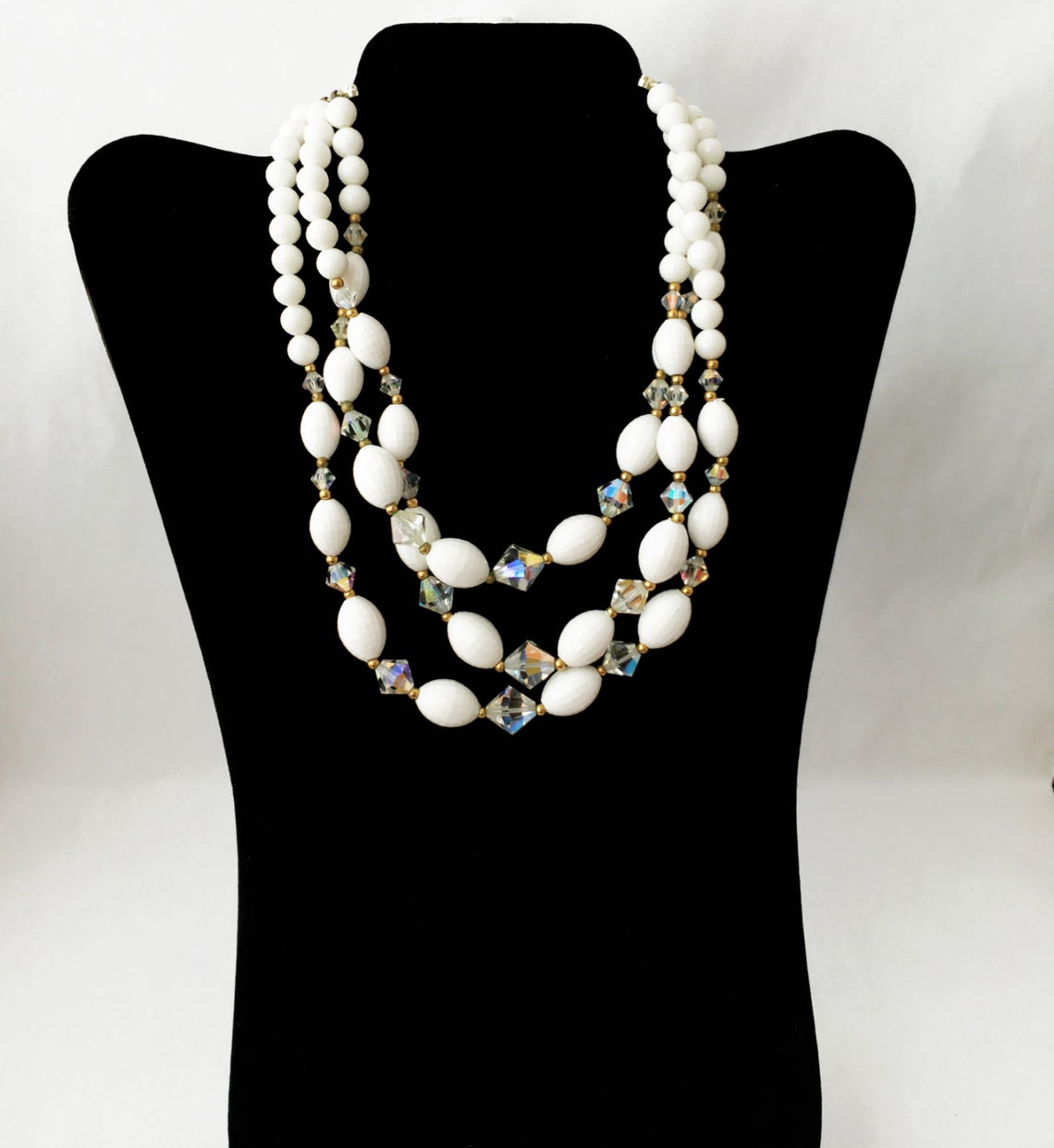White Bead Necklace Aurora Borealis Necklace White Necklace Etsy