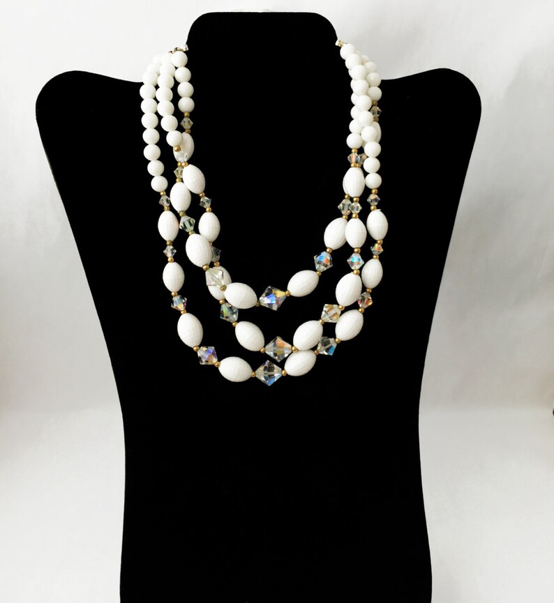 White Bead Necklace Aurora Borealis Necklace White Necklace Etsy