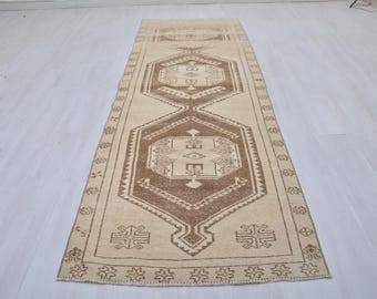 4x12 Vintage Turkish Wool Runner Rug - Neutral Faded Anatolian Hallway Rug