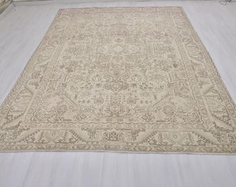 Oversize Neutral Oushak Rug, 8x11 Handmade Wool Anatolian Carpet