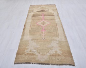 Oushak Turkish Runner Rug: 3x9 Beige Wool Hallway Rug
