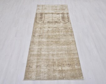 Vintage Oushak Wool Runner Rug 2.9x8.2 ft, Neutral Hallway Carpet