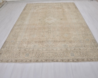 200x300 Vintage Oushak Teppich, Handgefertigter Teppich aus Neutraler Türkischer Wolle