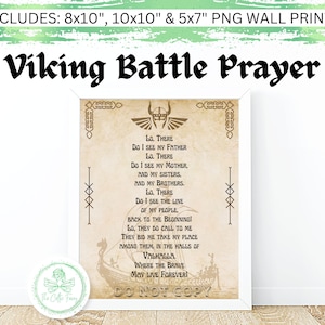 Może przedstawiać: Oprawiony wydruk z tekstem "Viking Battle Prayer". Grafika zawiera wiersz z wikingowskimi obrazami i tekst "INCLUDES: 20x25cm, 25x25cm & 13x18cm PNG Wall Prints".