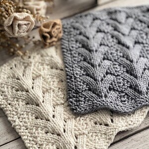 May include: Two knitted dishcloths, one in a light cream color and the other in a dark gray color. Both dishcloths feature a cable knit pattern.