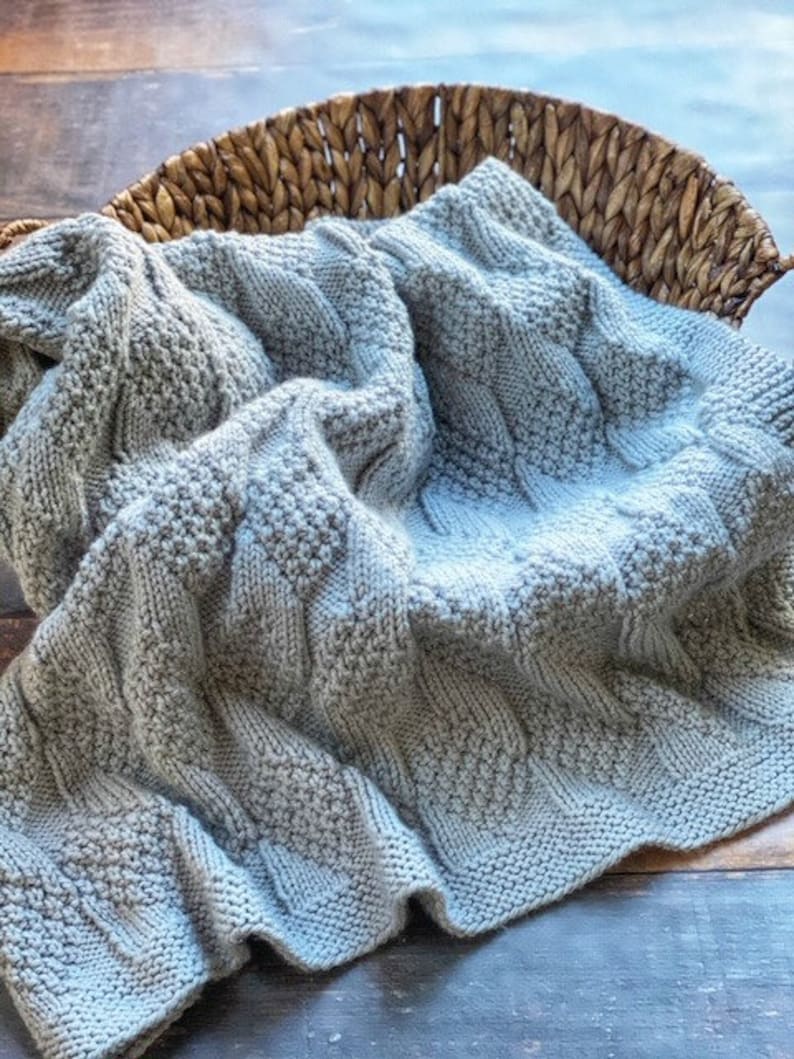 May include: A gray knitted baby blanket with a cable knit pattern. The blanket is folded and placed in a woven basket.