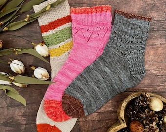 PATRÓN DE TEJIDO - Conjunto de calcetines "Líneas de Amor con Hojas", Apto para principiantes y avanzados (Descarga en PDF), Patrones de tejido de calcetines