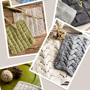 May include: A collection of knitting patterns for dishcloths. The patterns feature a range of stitches and textures, including a simple waffle stitch, a textured cable stitch, and a delicate lace stitch. The patterns are available in a variety of colours, including blue, green, grey, and white.