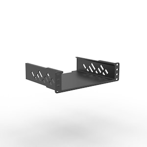 May include: A black metal rack shelf featuring a flat base and two side panels with a series of diagonal, diamond-shaped cutouts. The front edges of the side panels include vertical rows of mounting holes for installation in a standard server rack.