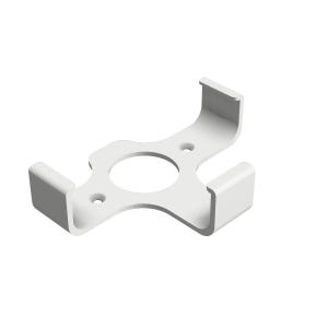 May include: White plastic wall mount with two hooks and a circular cutout in the center.