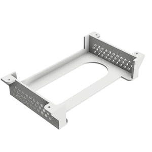 May include: A white rectangular bracket with a large central opening and perforated grey panels on each end. The bracket has mounting tabs on the corners and is designed for structural support.