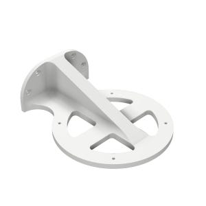 Peut inclure: Un support géométrique blanc avec une base circulaire et un bras de support. Le support comporte une plaque de montage avec plusieurs trous de vis et une découpe en forme de croix au centre de la base. Le design est moderne et minimaliste.