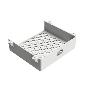 May include: A white rectangular electronic component enclosure with a perforated top featuring a honeycomb pattern. The enclosure has raised sides with mounting holes and a circular opening on one side.