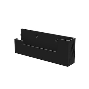 May include: A black wall-mounted organizer with a rectangular design. It features a small shelf on the left side and a series of angled slots on the right. Two holes are visible for mounting.