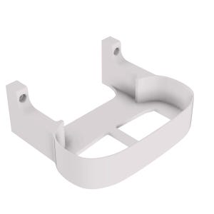May include: A white, plastic wall mount with a rectangular opening and two mounting holes. The mount has a curved design and is likely for holding an electronic device or similar item.