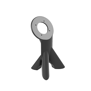 May include: A black, three-legged stand with a circular top. The top is gray with four small holes. The stand is made of a smooth, matte material and is designed to hold an object.