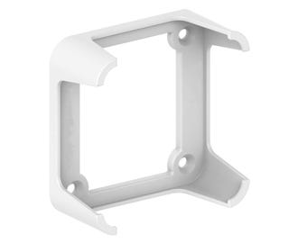 May include: A white, square-shaped electrical outlet cover with rounded corners and three screw holes. The cover has a recessed area and a curved edge on each side, designed to fit over an electrical outlet.