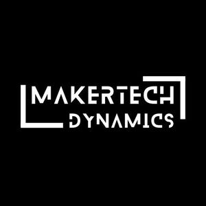 May include: White text on a black background reads "MAKERTECH DYNAMICS". The text is in a bold, sans-serif font. The word "MAKERTECH" is stacked above "DYNAMICS". A white square and L-shaped bracket frame the text.