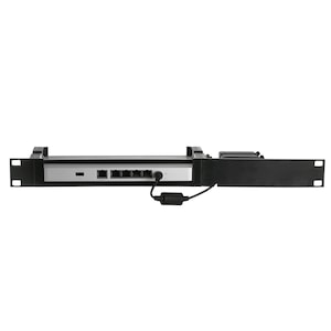May include: A black network rack mount with a silver-colored device in the center. The device has several ports and a power cable connected. The rack mount has mounting holes on each end.