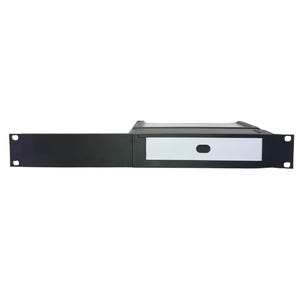 May include: A black rack mountable drawer with a white front panel and a small oval handle. The drawer is designed for standard 19-inch rack systems, providing a secure and accessible storage solution for equipment.