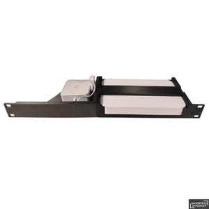 May include: A black rack mount shelf holding a white device and a silver device with a white power cable. The shelf is rectangular with mounting holes. The devices are secured within the shelf, designed for equipment storage.