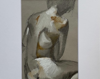 Rest - Original figure drawing in graphite, fountain pen ink, and chalk (5x7 artwork in 8x10 mat)
