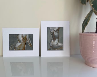 Pair of Drawings: “Twist” and “Extend” - Original figure drawings in graphite, fountain pen ink, and chalk (5x7 artwork in 8x10 mat)
